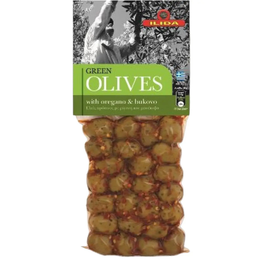 Ilida Grüne Oliven mit Oregano & Bukovo in Beutel 150g - GM Markt Eshop
