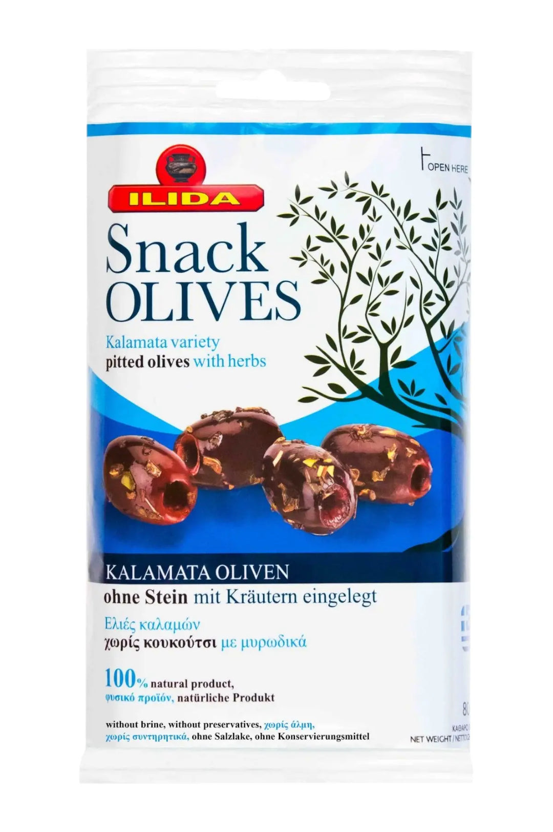 Ilida Oliven Snack Kalamon ohne Kern mit Kräuter in Beutel 80g (Öl & Oliven) - Bild 1
